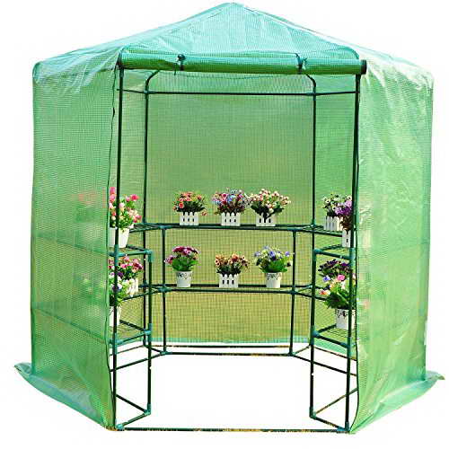 Outsunny Gewächshaus Treibhaus Tomatenhaus Pflanzenhaus Frühbeet 3 Regalfächer Sechseck Durchmesser 194 x 225 cm, grün - 1