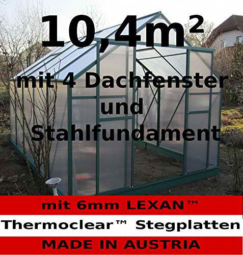 10,4m² PROFI ALU Gewächshaus Glashaus Treibhaus inkl. Stahlfundament u. 4 Fenster, mit 6mm Hohlkammerstegplatten - (Platten MADE IN AUSTRIA/EU) von AS-S - 1