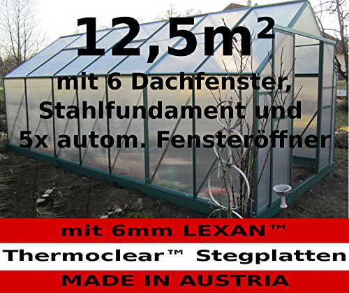 12,5m² PROFI Gewächshaus Glashaus Treibhaus inkl. Stahlfundament u. 6 Fenster, mit 6mm Hohlkammerstegplatten - (Platten MADE IN AUSTRIA/EU) inkl. 5 autom. Fensteröffner von AS-S - 1