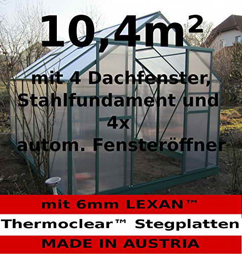 Komplettset: 10,4m² PROFI ALU Gewächshaus Glashaus Treibhaus inkl. Stahlfundament u. 4 Fenster, mit 6mm Hohlkammerstegplatten - (Platten MADE IN AUSTRIA/EU) inkl. 4 autom. Fensteröffner von AS-S - 1