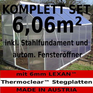 KOMPLETTSET: 6,06m² ALU Aluminium Gewächshaus Glashaus Tomatenhaus, 6mm Hohlkammerstegplatten - (Platten MADE IN AUSTRIA/EU) m. Stahlfundament, 1 Fenster mit autom. Fensteröffner von AS-S - 1