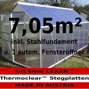 KOMPLETTSET: 7,05m² ALU Aluminium Gewächshaus Glashaus Tomatenhaus, 6mm Hohlkammerstegplatten - (Platten MADE IN AUSTRIA/EU) m. Stahlfundament 2 Fenster und 1 autom. Fensteröffner von AS-S - 1