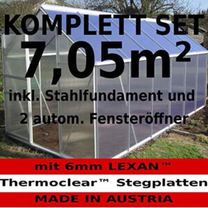 KOMPLETTSET: 7,05m² ALU Aluminium Gewächshaus Glashaus Tomatenhaus, 6mm Hohlkammerstegplatten - (Platten MADE IN AUSTRIA/EU) m. Stahlfundament, 2 Fenster mit 2 autom. Fensteröffner von AS-S - 1