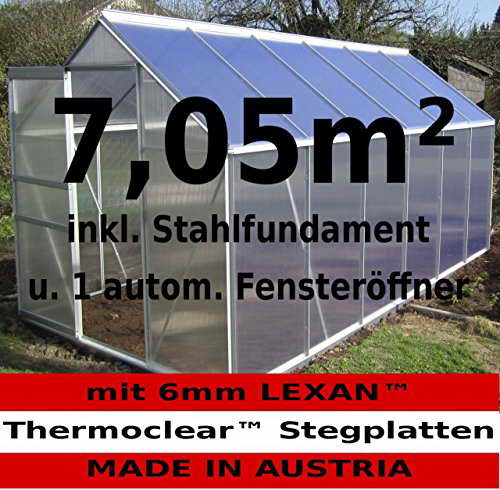 KOMPLETTSET: 7,05m² ALU Aluminium Gewächshaus Glashaus Tomatenhaus, 6mm Hohlkammerstegplatten - (Platten MADE IN AUSTRIA/EU) m. Stahlfundament 2 Fenster und 1 autom. Fensteröffner von AS-S - 1