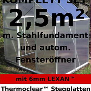 KOMPLETTSET: 2,5 - 7m² ALU Aluminium Gewächshaus Glashaus Tomatenhaus, 6mm Hohlkammerstegplatten - (Platten MADE IN AUSTRIA/EU) m. Stahlfundament, Fenster mit autom. Fensteröffner von AS-S, Größe:2.5m² -