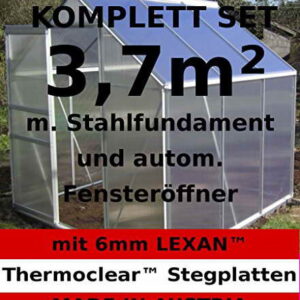 KOMPLETTSET: 2,5 - 7m² ALU Aluminium Gewächshaus Glashaus Tomatenhaus, 6mm Hohlkammerstegplatten - (Platten MADE IN AUSTRIA/EU) m. Stahlfundament, Fenster mit autom. Fensteröffner von AS-S, Größe:3.7m² -
